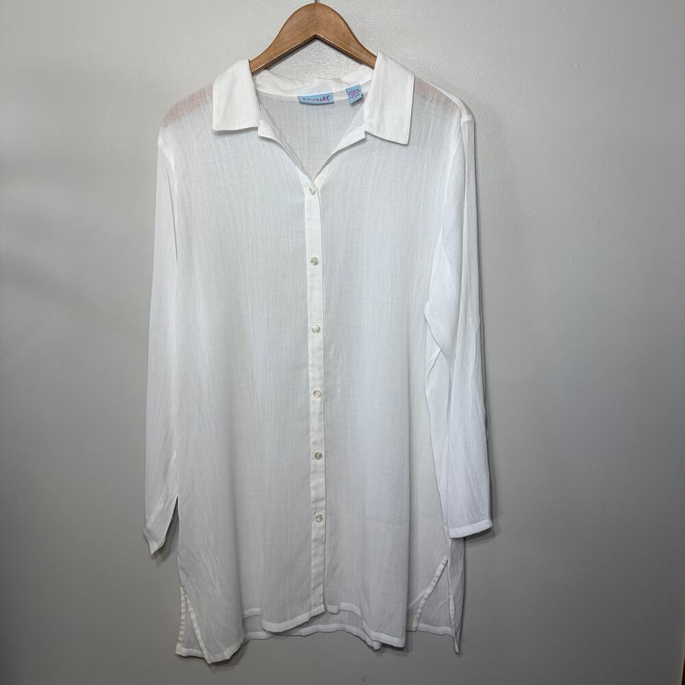 Sun Covers Tunic Beach White Rayon Swim Cover Up Button Front Coastal Vacation L